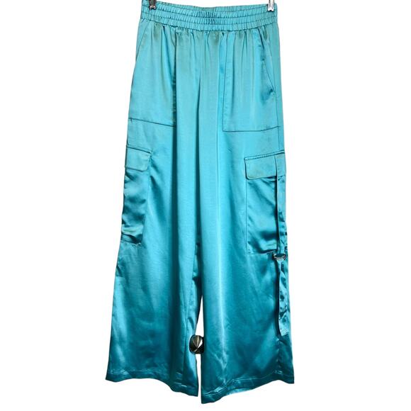 Forever 21 Satin Cargo Pants Womens M Mint Green Blue Utility Wide Leg Hipster - Picture 1 of 13